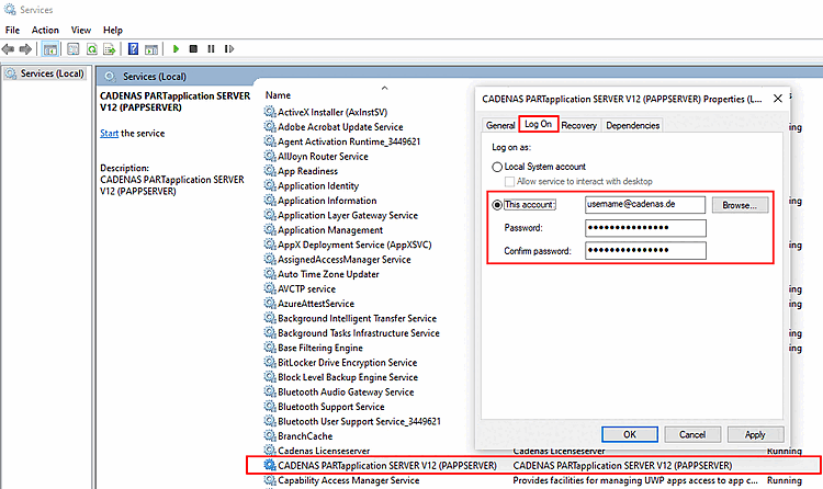 Services > Tabbed page "Log in" > This account
