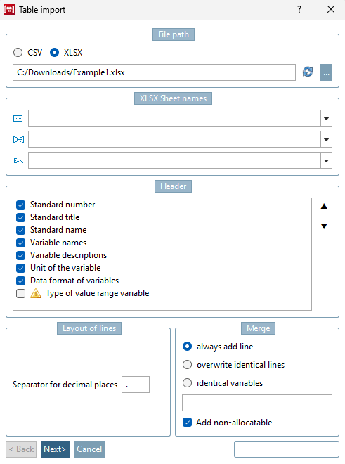 Import tables [Table import]" dialog box