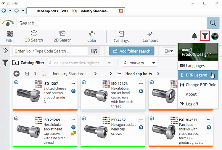 In the example illustration, light green means, for example, that at least one characteristic is available at two locations. Orange means that the part is not recorded in the ERP system.