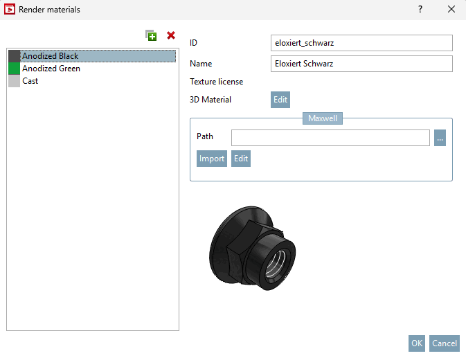 The translated name is displayed in the Render materials dialog, for example.