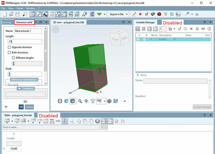 Docking window "Tool [Tool] " exemplary for "Base extrude" / "Extrusion body [Extrusion solid] "