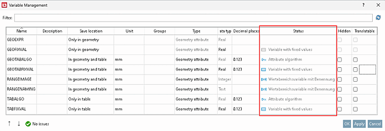 Variables management [Variable Management] view with the new "Status [Status]" column