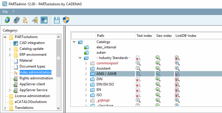 The figure shows the situation with the (missing) new index after freshly installed V12. Only for "ANSI / ASME", "commonpool" and "Assistent" catalog, the new index has already been created.