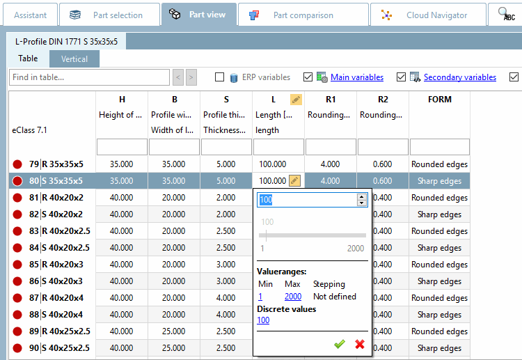 PARTdataManager example: Value range "from - to" with insertion with input of discrete values or selection via slider