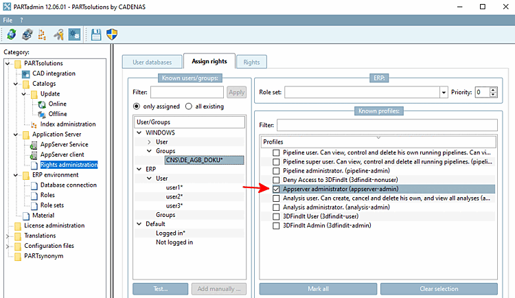 Tabbed page "Assign rights"