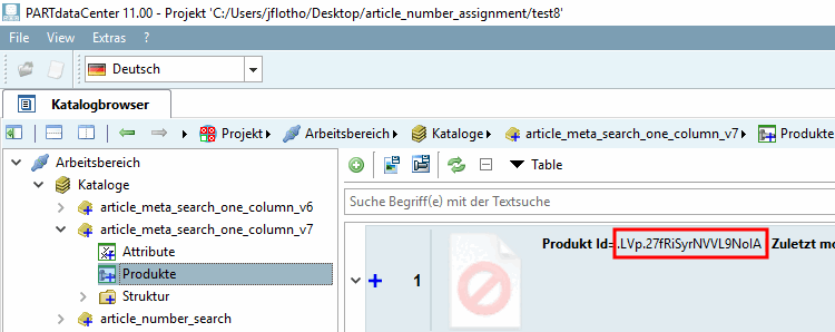 Example: Display of the internal identifier under "Products [Products] ".