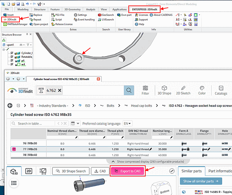 Call up 3Dfindit via menu item "ENTERPRISE-3Dfindit" -> sub-item "3Dfindit" and export part to CAD