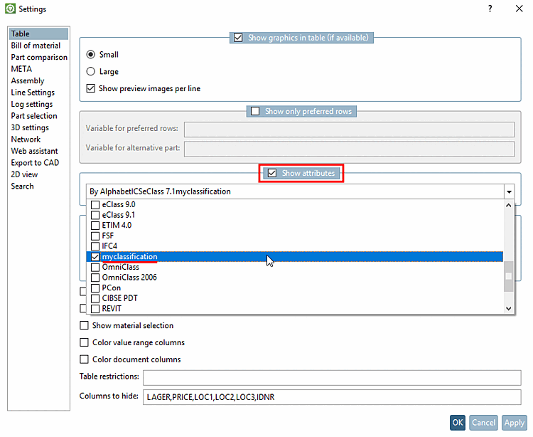 PARTdataManager -> Extras -> Settings [Preferences...]... -> Table -> Show class variables