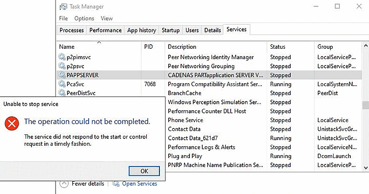 CADENAS PARTapplication SERVER V12: "The operation could not be completed"