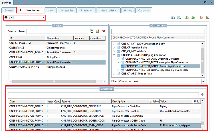 Settings -> Tabbed page Classification -> List field selection CNS -> Characteristics [Attributes] dialog area