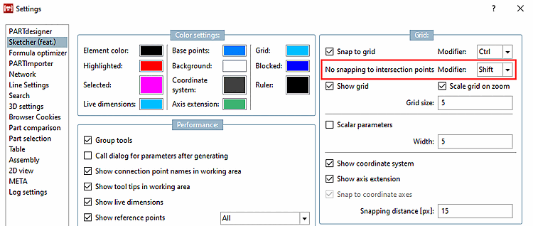 PARTdesigner -> Tools [Extras] menu -> Settings [Settings...]... -> Sketcher (hist.) [Sketcher (feat.)] -> Grid -> Do not snap to intersections [No snapping to intersection points]