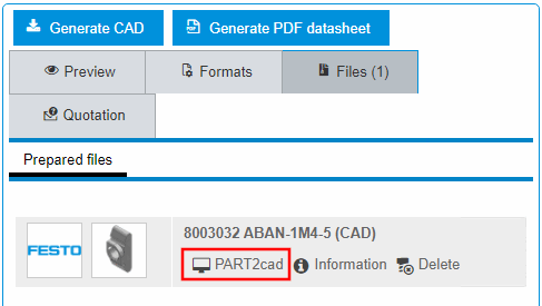 Call up "PART2cad" direct integration