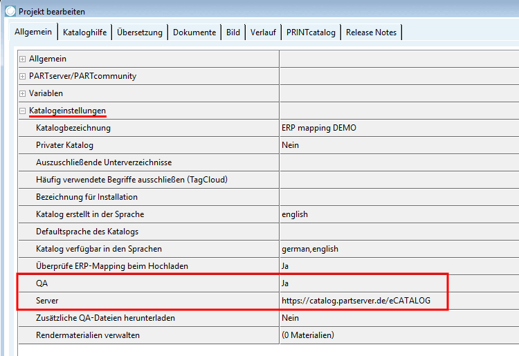 Settings for the catalog