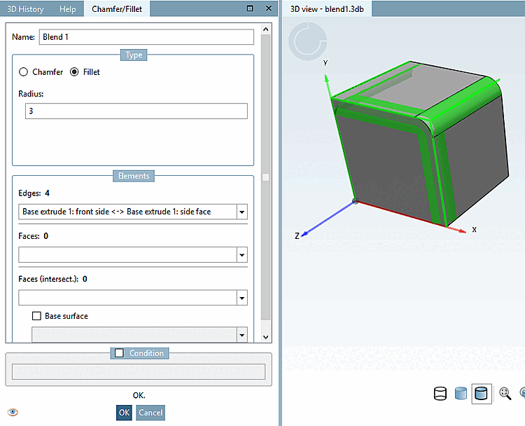 Preview with "Chamfer surface [Chamfer] " option: The illustration shows 2 confirmed edges and 2 edges that have just been edited.