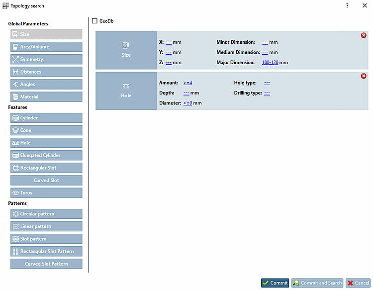 Example: Topology search with "Largest dimension" 100-120"