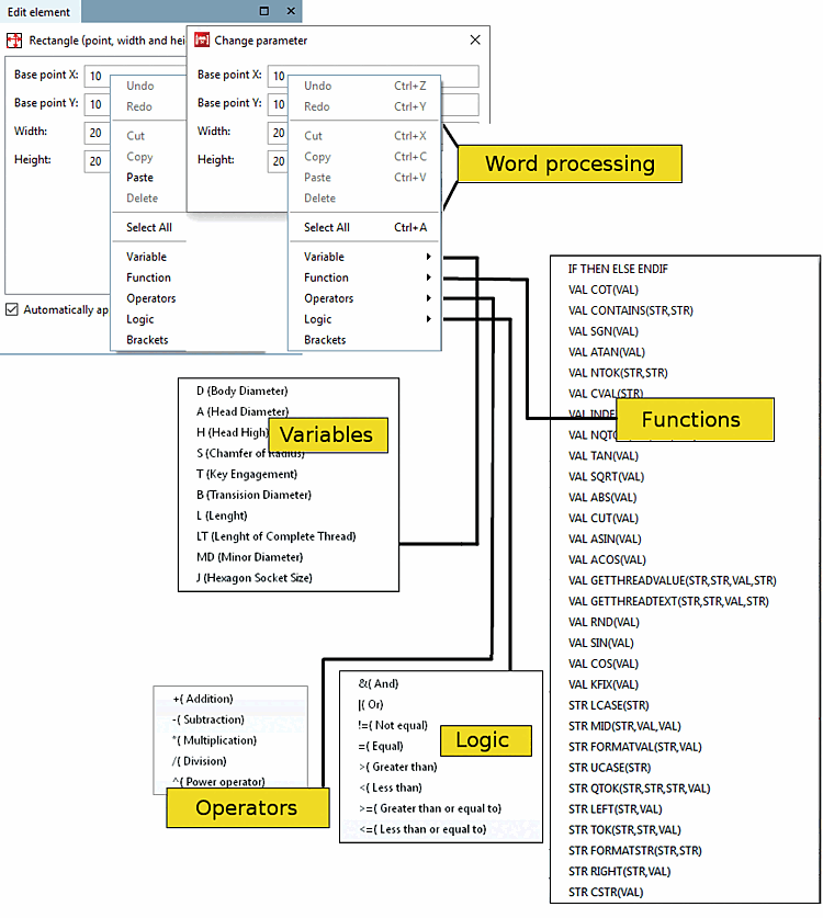 Word processing, functions, variables, operators, logic