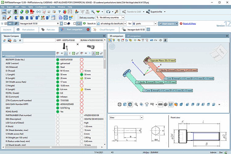 Parts can directly be transferred from the search results into the part comparison