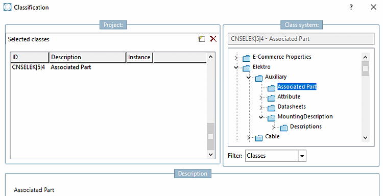 Classification dialog box -> Class "CNSELEK|5|4" - Description "Associated Part"