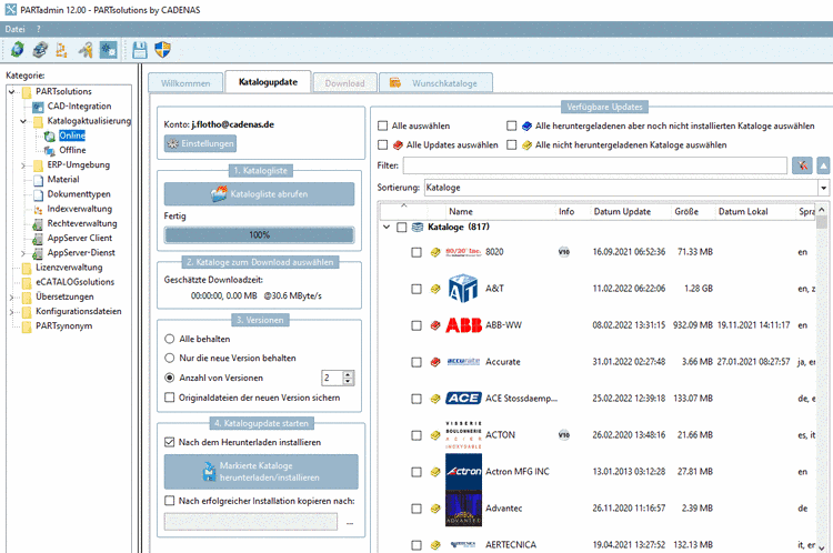 PARTadmin -> Catalog update -> Online