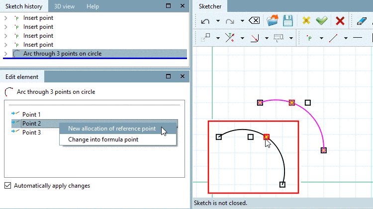 Arc through 3 points on circle -> New allocation of reference point