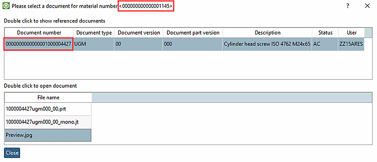 In the title line you can see the SAP material number, in the dialog, the linked documents.