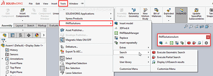 SolidWorks menu and toolbar