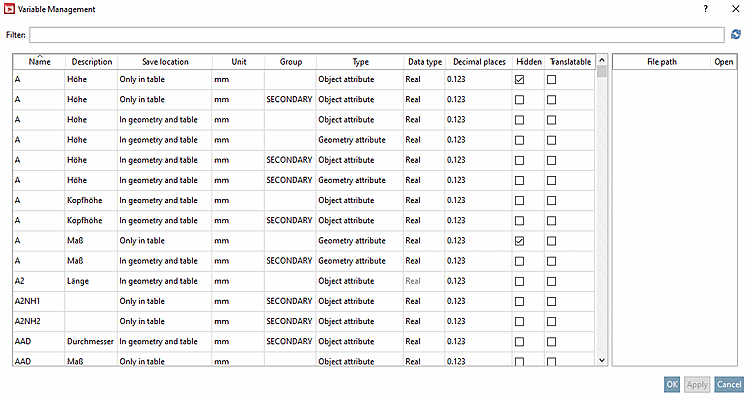Variables management [Variable Management] window