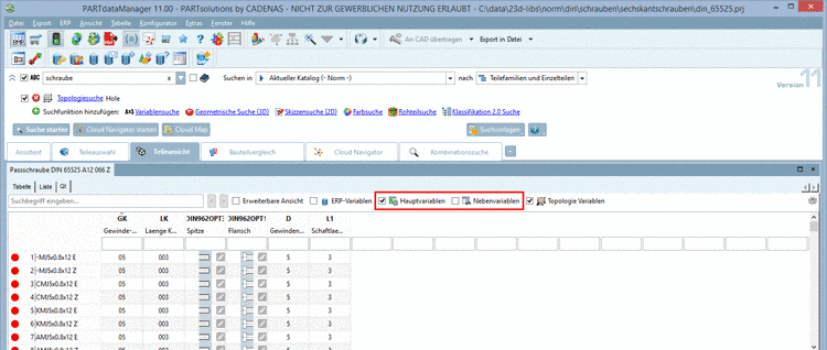 Table with "Main variables" without "Secondary variables"