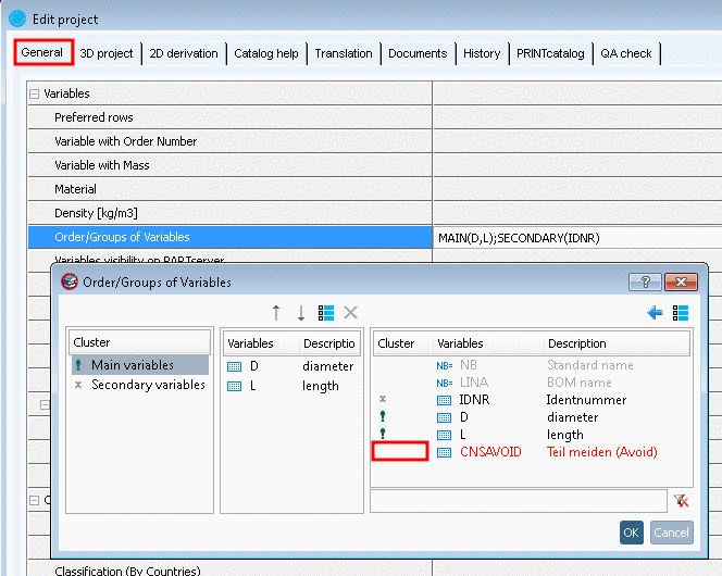 PARTproject -> Tabbed page "General" -> Order/Groups of Variables