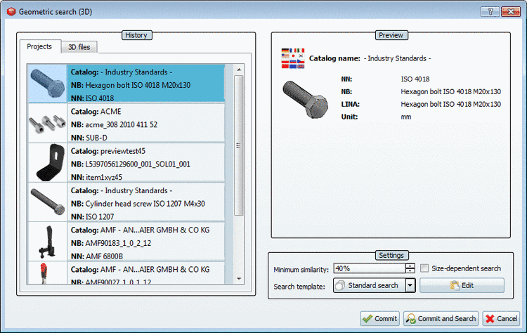 Example: "Geometric search (3D)" dialog box with "History" section