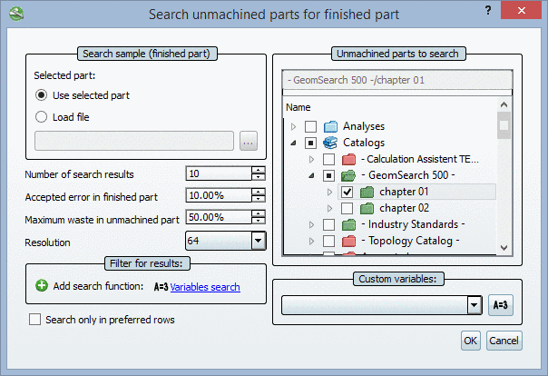 Search unmachined parts for finished part