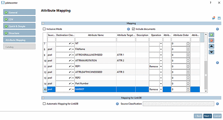 Example: "FileName", "REP1" and "MARKET" are removed and three attributes are renamed.