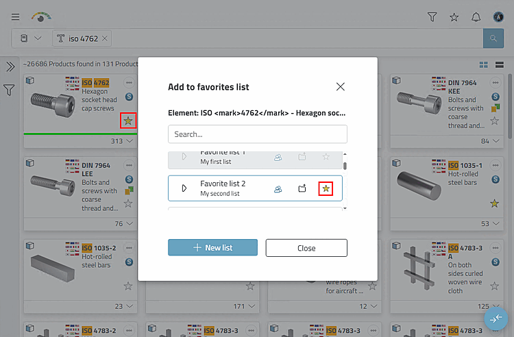 Here, for example, the ISO 4762 parts family has been marked as a favorite and assigned to the "List 2" list.