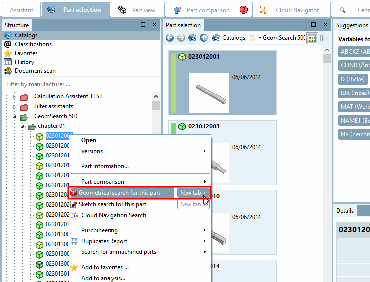 Example: "Search geometrically for this part [Geometrical search for this part] " on the "Catalogs [Catalogs] " tab page