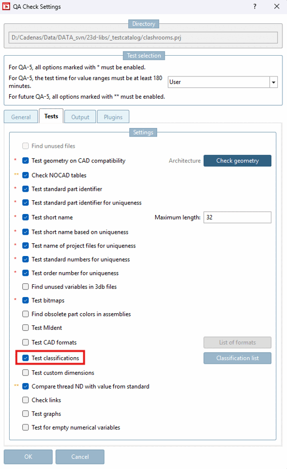 Required setting in the "QA Check Settings [QA Check Settings]" dialog