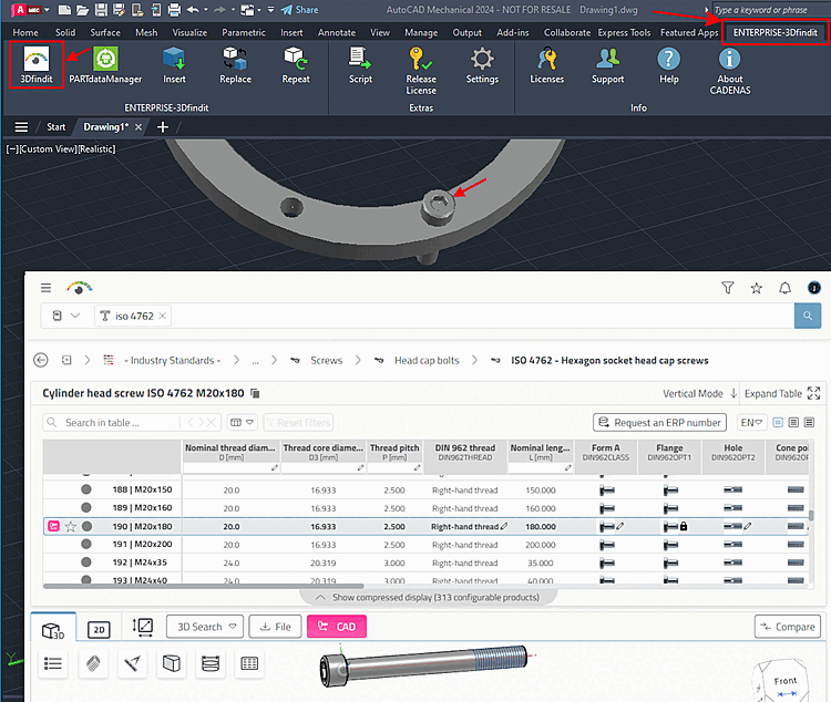 Call up 3Dfindit via menu item "ENTERPRISE-3Dfindit" -> sub-item "3Dfindit" and export part to CAD