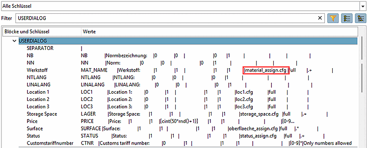 The illustration shows an example of the configuration file "material_assign.cfg" for selecting the material.