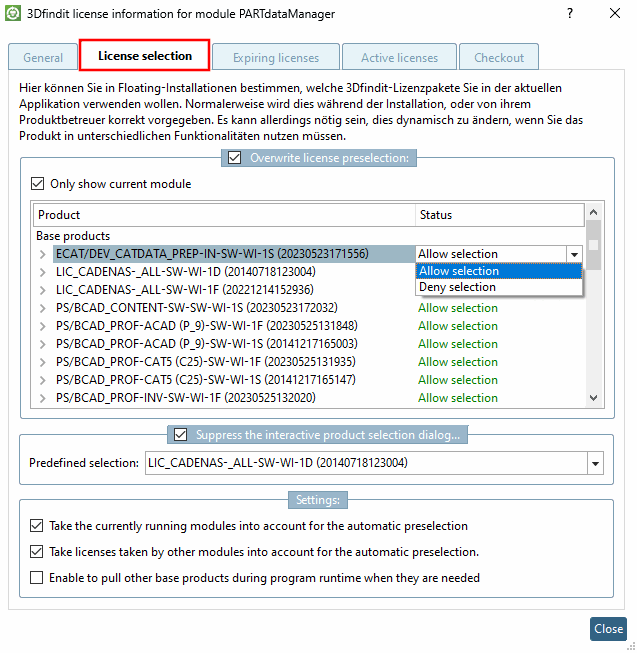 Example: 3Dfindit license information for PARTdataManager module
