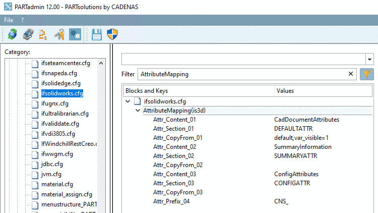 PARTadmin -> Category -> PARTsolutions -> Configuration files -> $CADENAS_SETUP -> if<cadname>.cfg: Fig. exemplified for SolidWorks