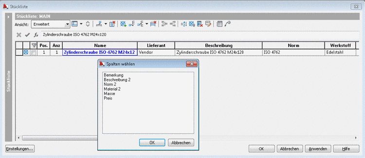 BOM list enhanced with the attributes "Name" and "Supplier"