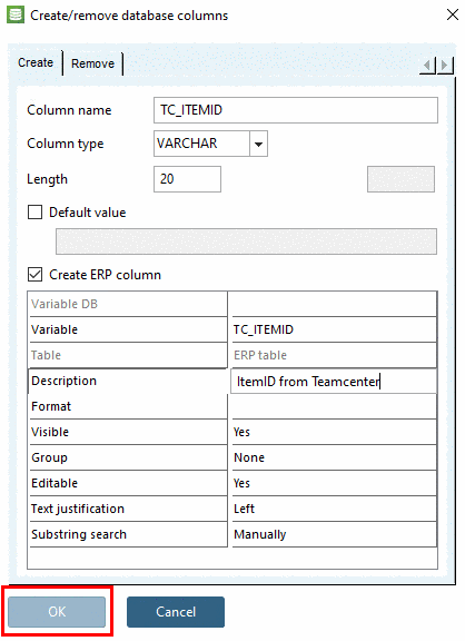 Create/remove database columns: Dialog