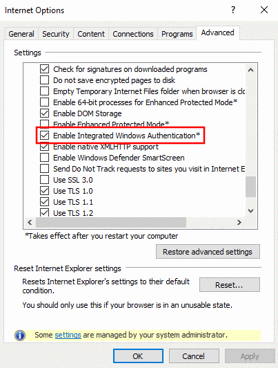 Enable integrated Windows Authentication