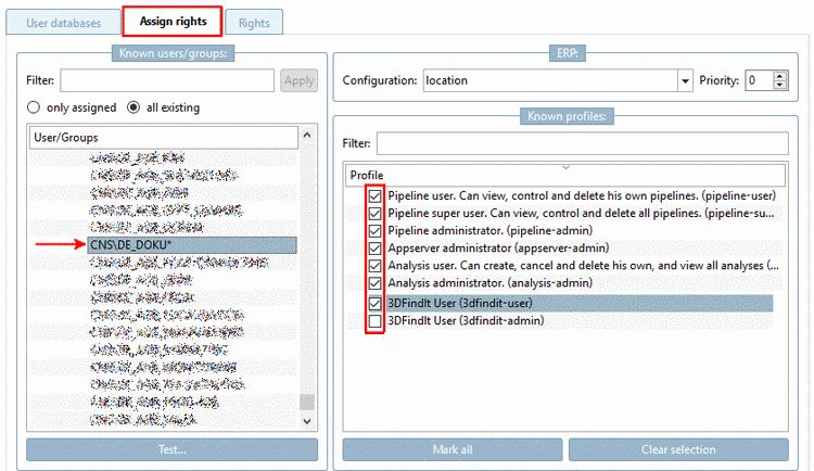 "Assign rights" tabbed page (all existing)