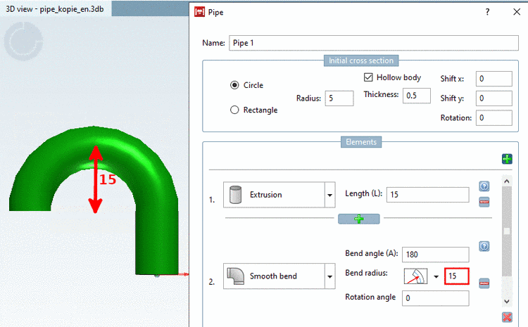 Bend radius 15 at a Bend angle of 180°