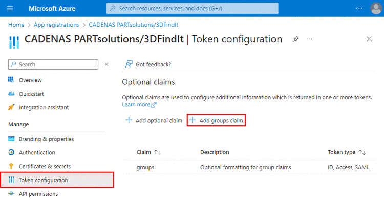 Microsoft Azure "Token configuration" -> "Add groups claim"
