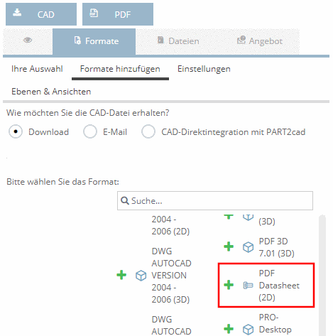 The format "PDF Datasheet (2D)" can be chosen in the "Download" or "Email" category.