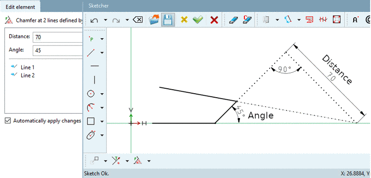 Chamfer at 2 lines defined by angle at distance from intersection
