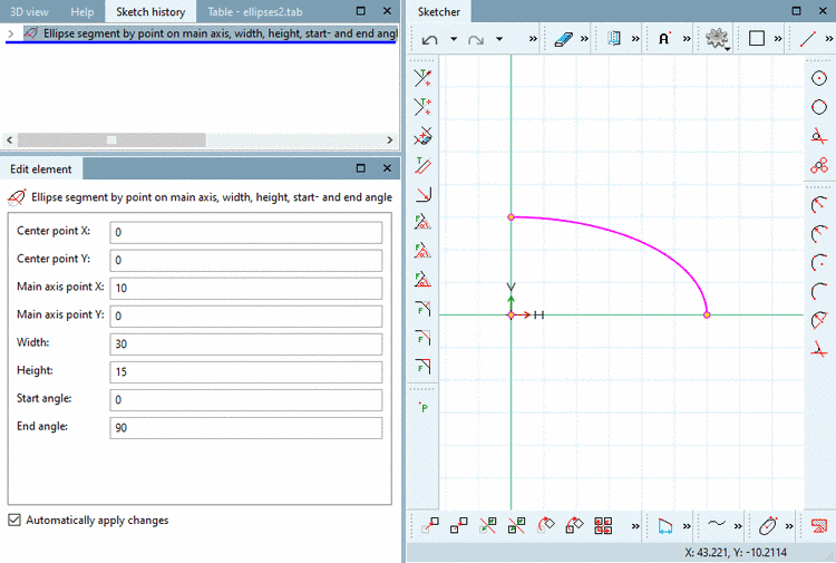Ellipse segment: correct values in sketch