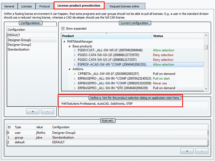 License product preselection