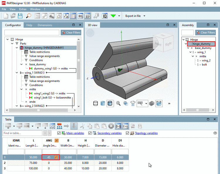 Hinge opened with an angle of 45°